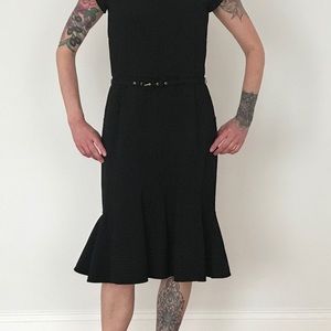 Oscar De La Renta black wool belted dress.